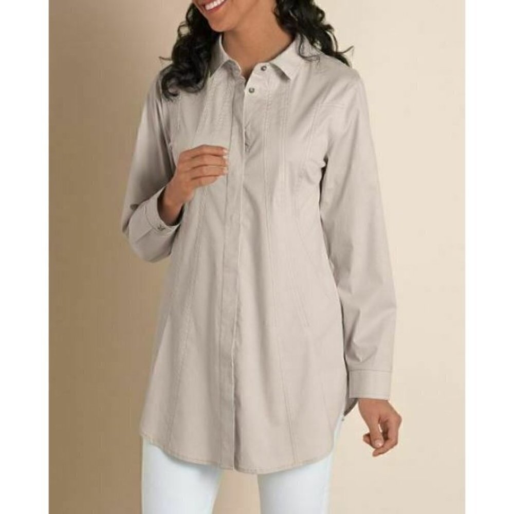 Soft Surroundings Womens Medium Khaki Seams Perfect Button Down Shirt Tunic